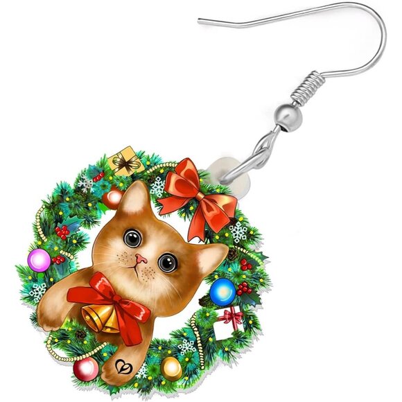 ⚡Christmas Cat Earrings for Women Cute Holiday Wreath Dangle Drop Jewelry Gift - Picture 3 of 6
